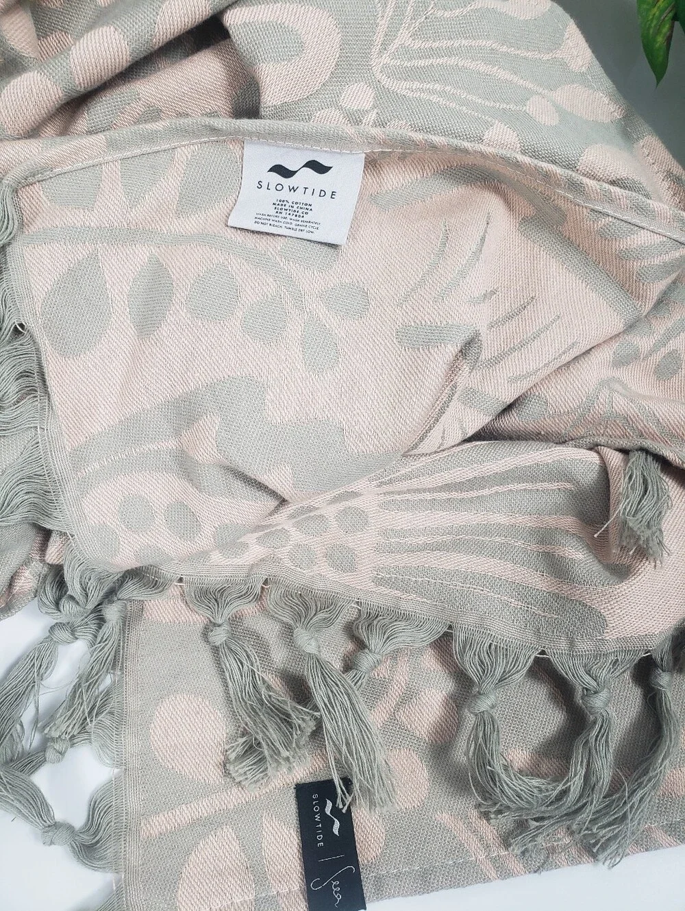 SLOWTIDE Tan & Sage Print w/ Fringe -Table Cloth Yoga Mat Turkish Beach Towel